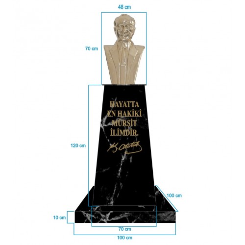 Atatürk Büstü (70cm Pirinç)+ Kaide (120cm)+ Alt Tabla (100x100cm) Mermer Desenli Siyah